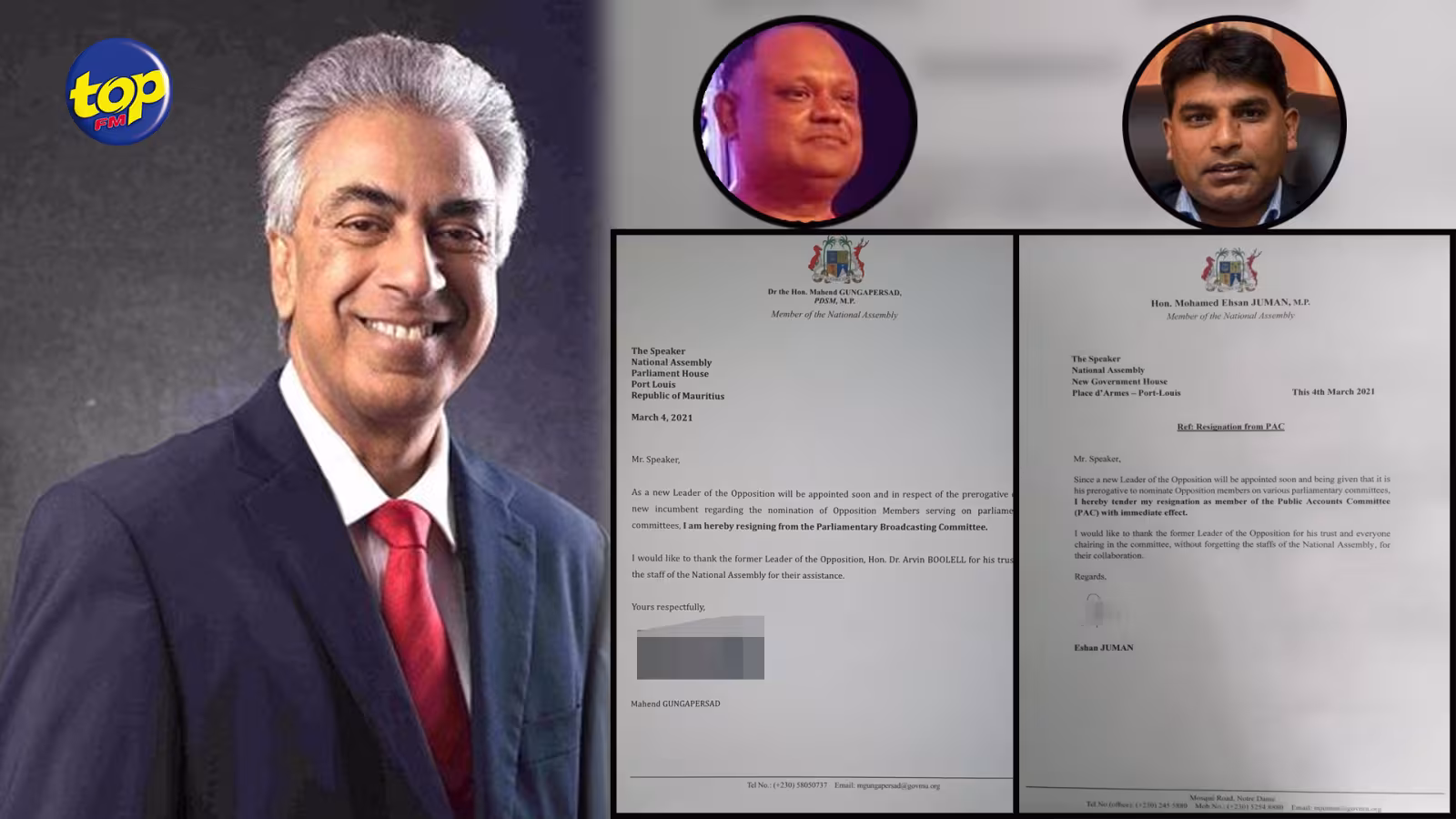 Conséquences de la démission du Dr Arvin Boolell en tant que leader de l’opposition : au tour des  députes Juman et Gungaparsad de se retirer du Public Accounts Committee et  du Parliamentary Broadcasting committee