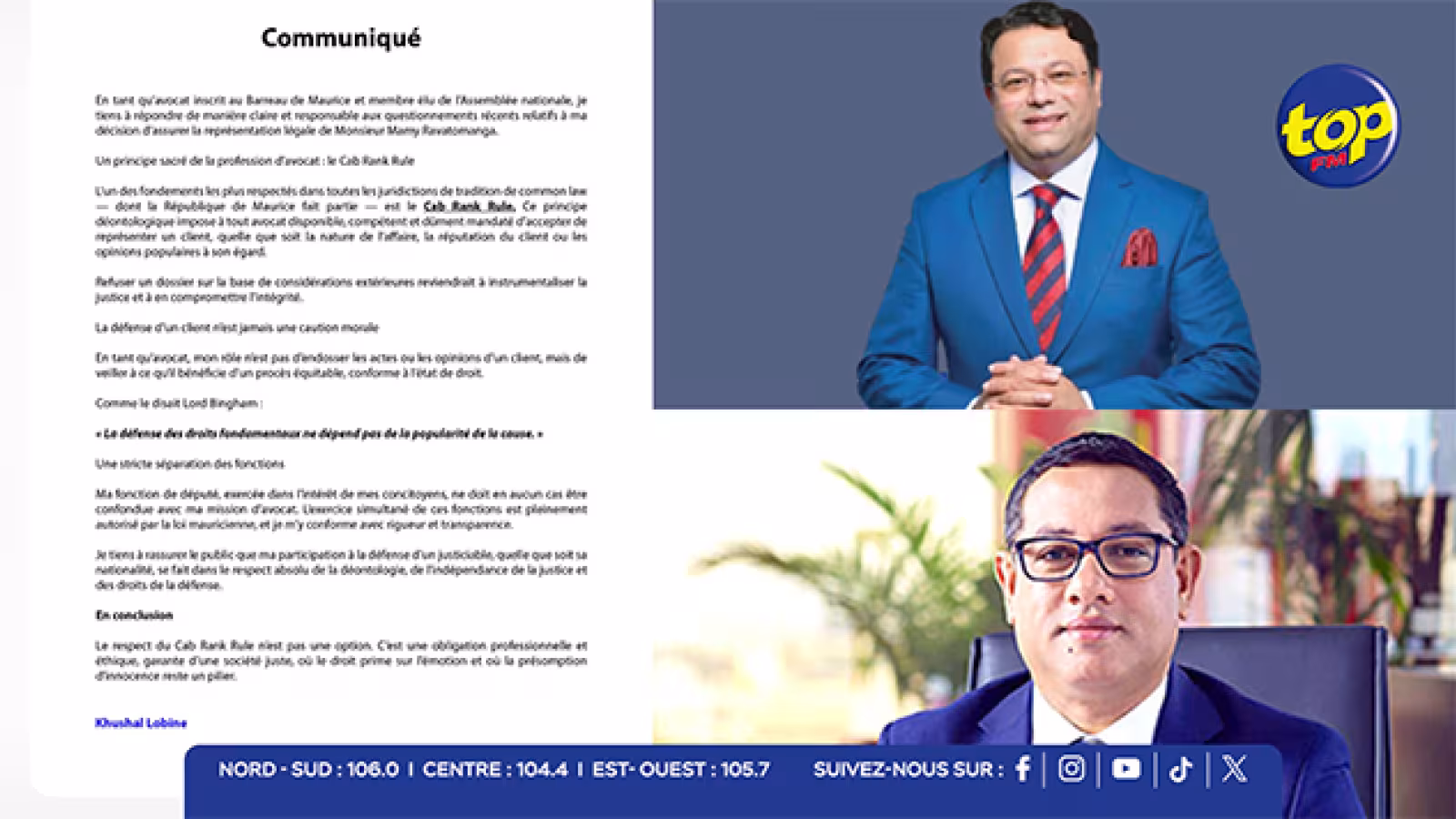 Affaire Ravatomanga : Khushal Lobine défend le principe sacré du Cab Rank Rule… « Ma fonction de député ne m’interdit pas d’exercer le droit », souligne l’avocat