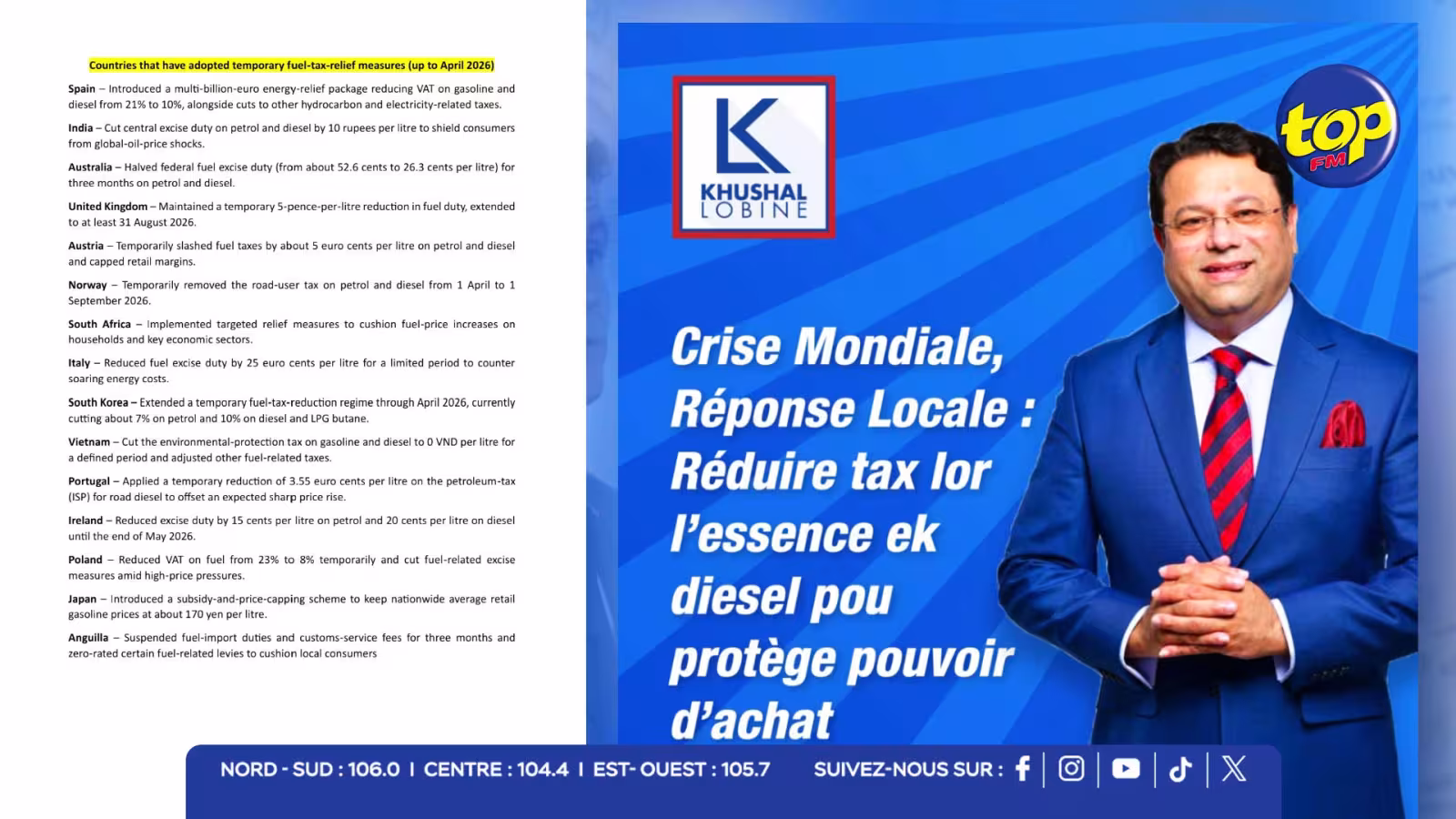 Khushal Lobine réclame une suspension temporaire des taxes sur les carburants