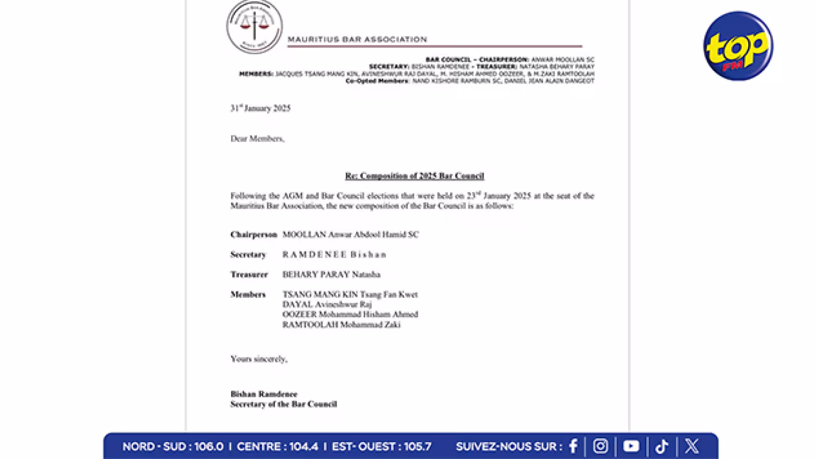 Mauritius Bar Association : Une nouvelle équipe dirigeante pour 2025… Anwar Moollan SC à la présidence