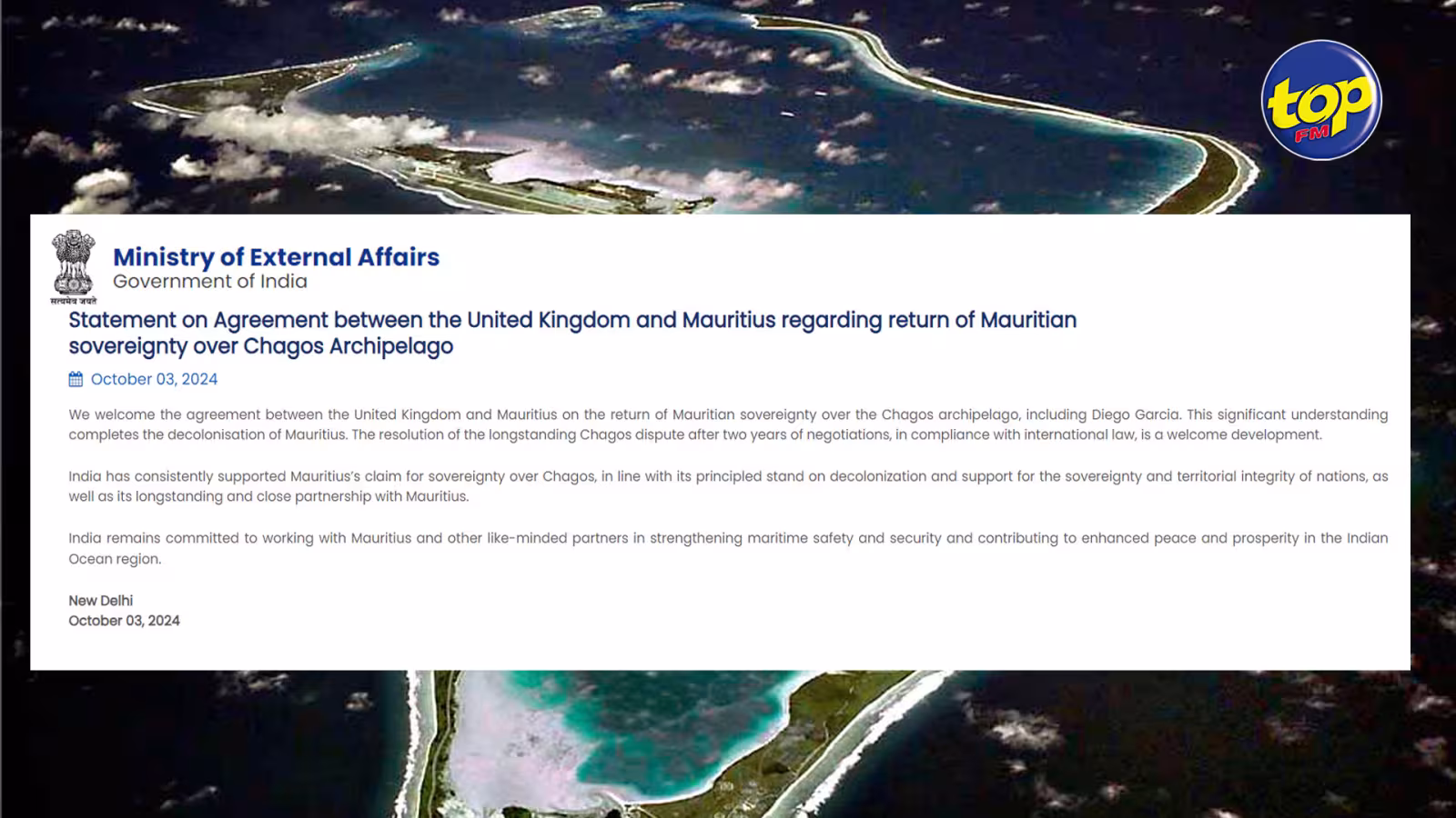 Chagos : « Cet accord marque l'achèvement de la décolonisation de Maurice », écrit le ministère indien des Affaires Externes