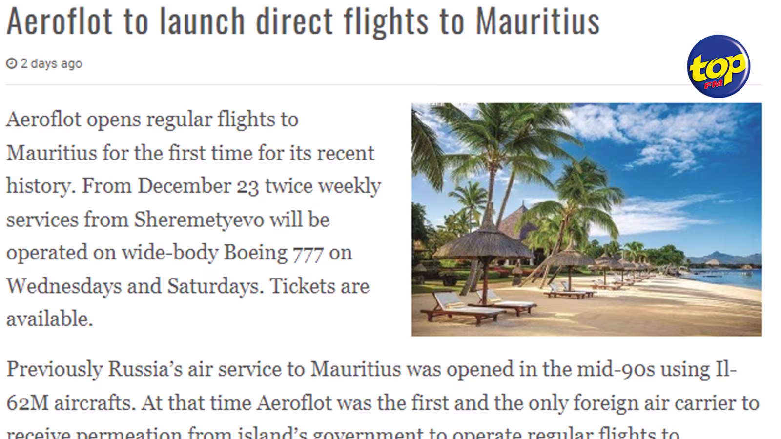 À partir du 23 décembre : Aeroflot lance des vols directs vers Maurice deux fois par semaine