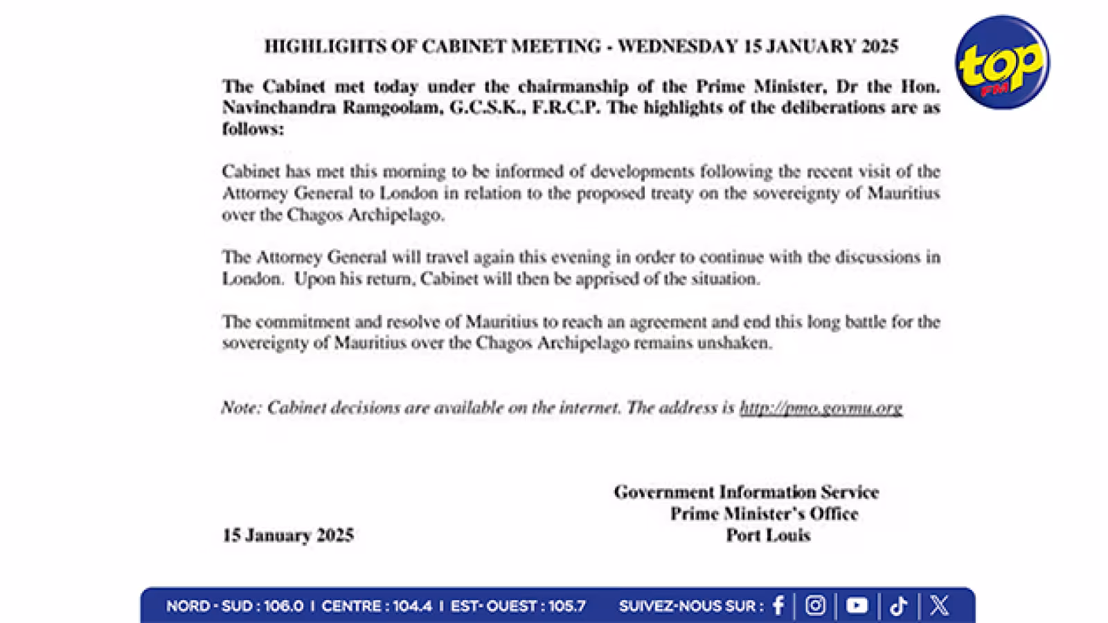 Conseil des ministres spécial accord Chagos : l'Attorney General de retour à Londres ce soir pour continuer les discussions