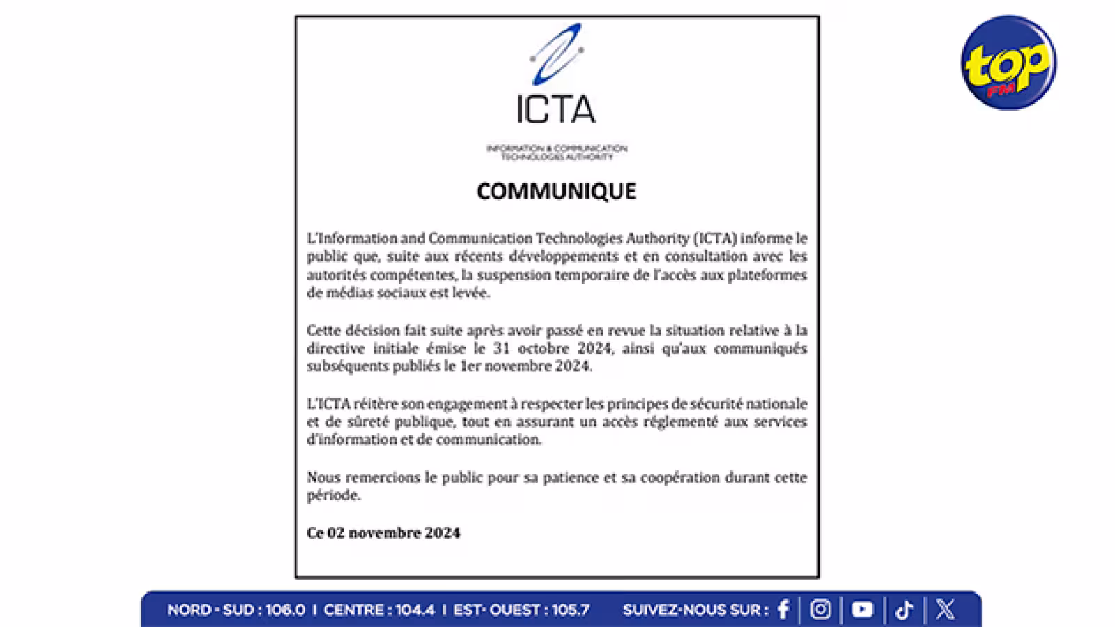 ICTA : Levée De La Suspension Temporaires Des Réseaux Sociaux