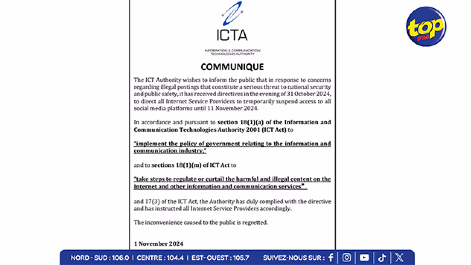 ICTA : Suspension temporaire de l’accès aux réseaux sociaux jusqu'au 11 novembre