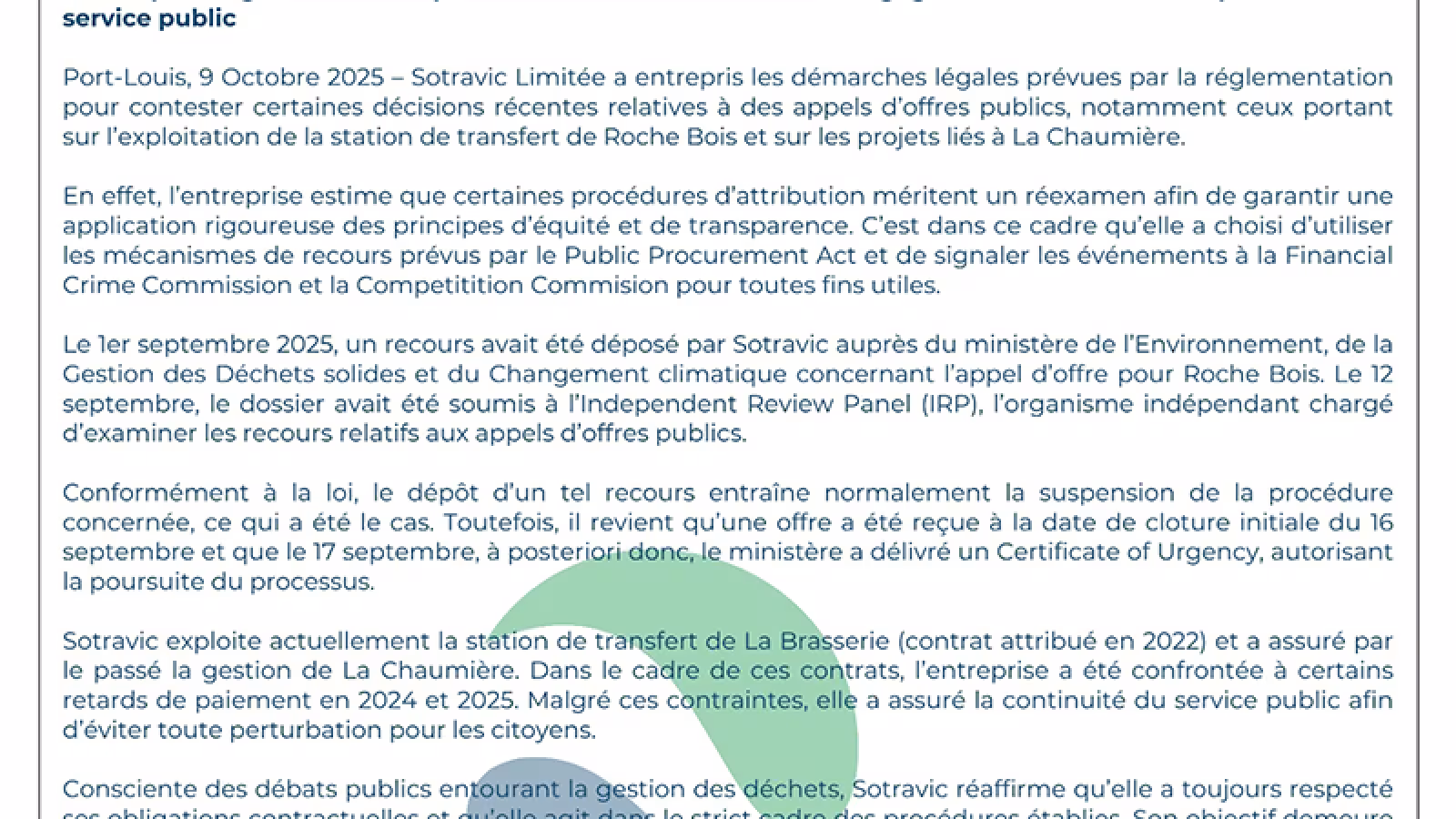 Sotravic engage des recours légaux dans le cadre d’appels d’offres publics