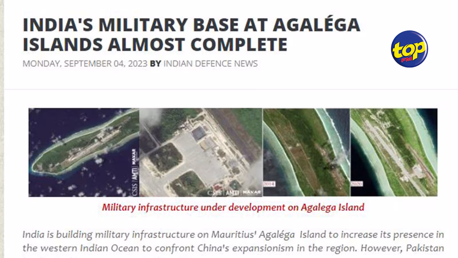 Même si le gouvernement mauricien soutient le contraire : « La base militaire indienne des îles Agaléga est presque achevée », titre le site Indian Defence News
