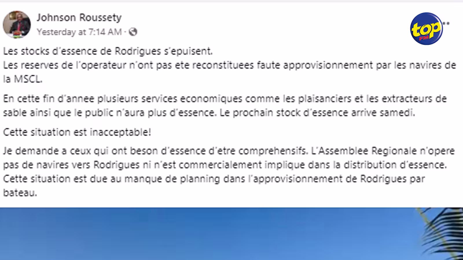 Dans un post sur sa page Facebook : « Les stocks d’essence de Rodrigues s’épuisent », s’alarme Johnson Roussety