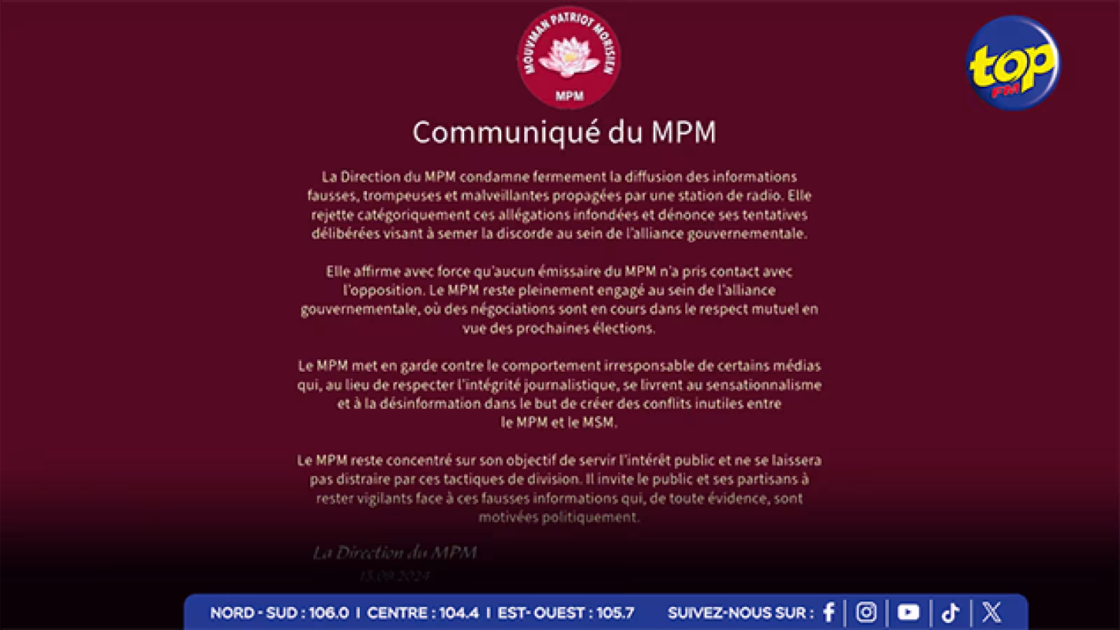 Le Mouvman Patriot Morisien dénonce la diffusion d’informations fausses et malveillantes pour semer la discorde entre le MPM et le MSM