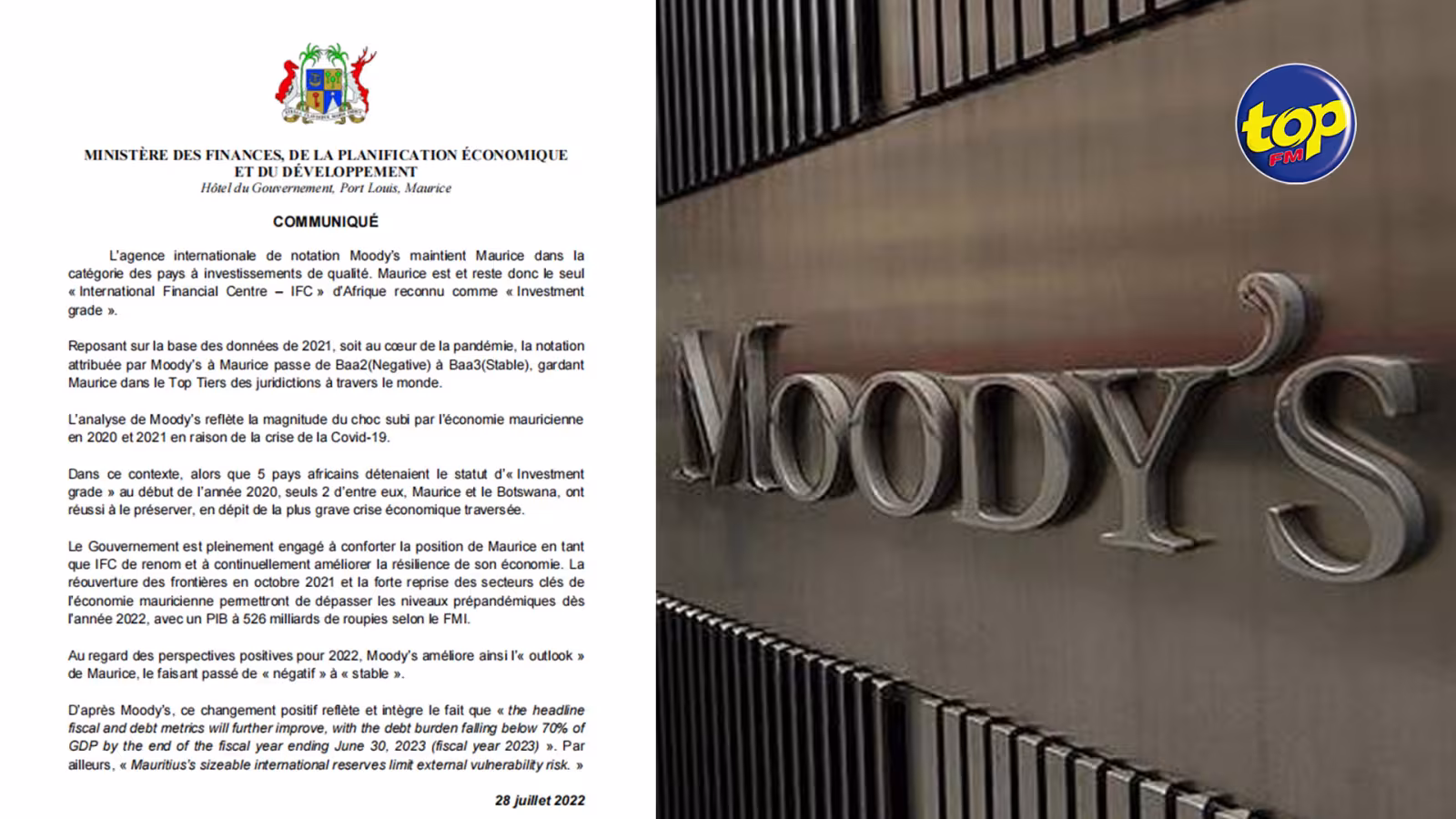 Moody’s dégrade Maurice de Baa2 a Baa3 : Le ministère des Finances et la Banque centrale se réjouissent que Moody’s maintienne Maurice dans la catégorie des pays à investissements de qualité