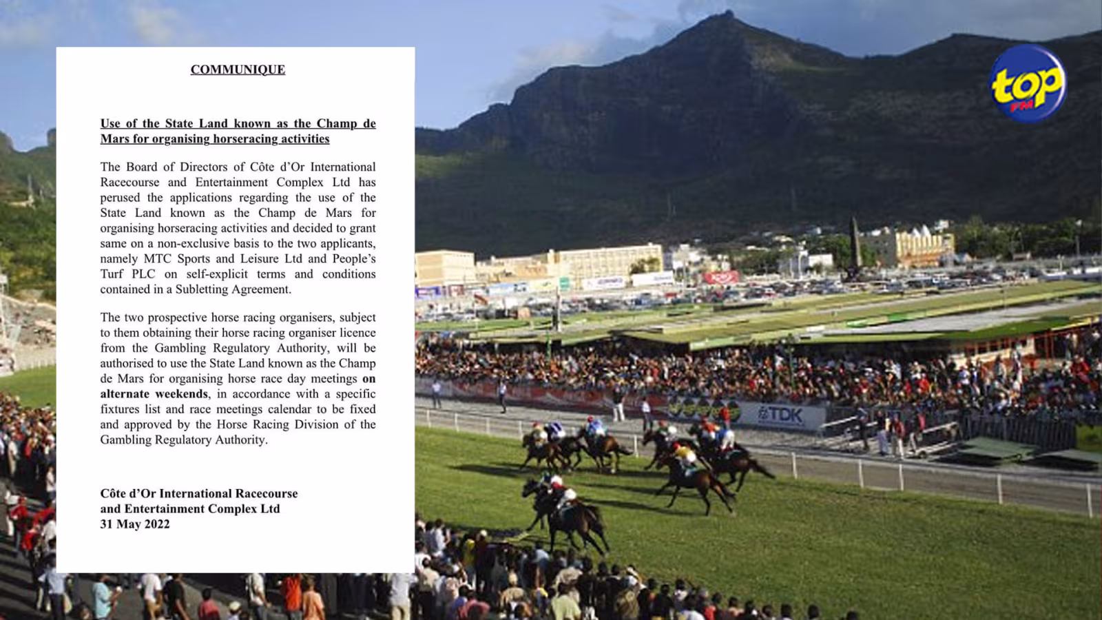 Courses hippiques : La MTCSL et le People’s Turf PLC autorisés à utiliser le Champ de Mars en alterné
