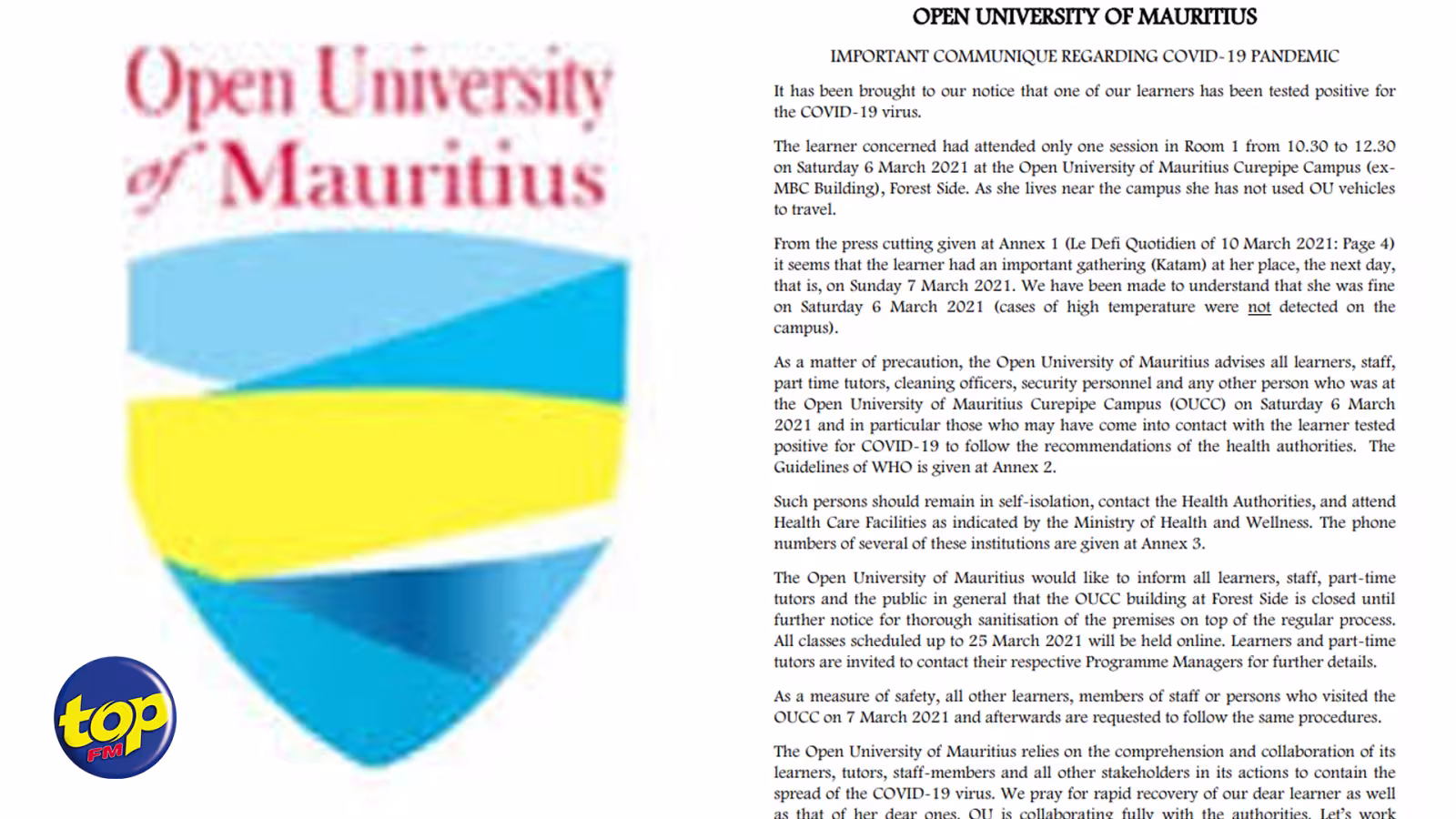 Covid-19 : Les locaux de l’Open University à Forest Side ferment temporairement en raison d’un cas positif