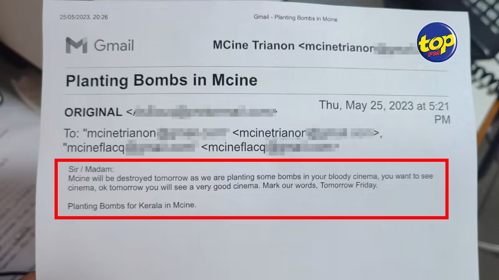 Courriel menaçant à l’encontre de MCine qui reprend la projection du film The Kerala Story, ce vendredi dans ses salles : la police a été informée et la sécurité renforcée, indique un membre de la direction