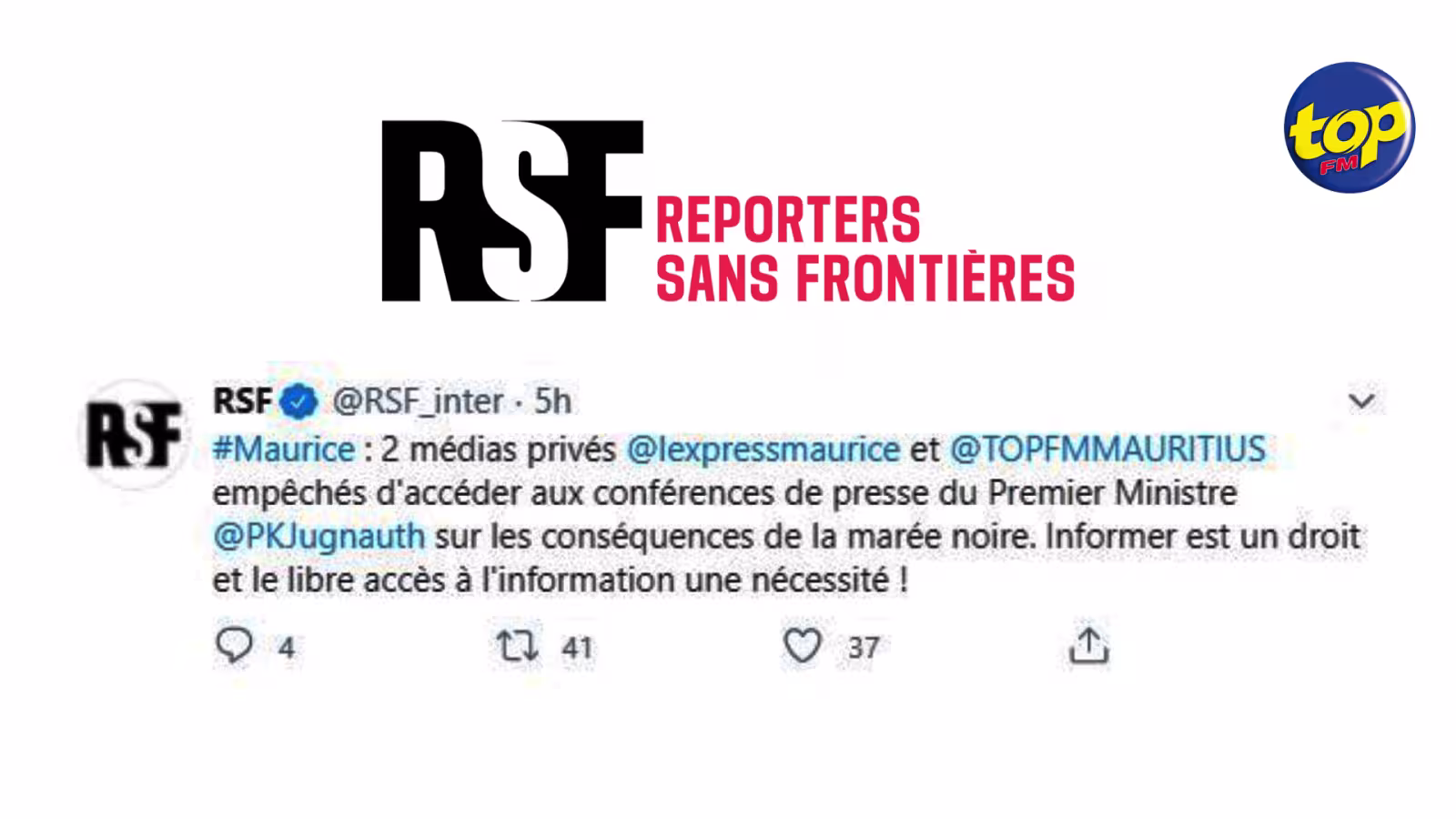 Atteinte à la liberté de la presse : Reporters sans frontières condamne le boycott de Top FM et de l’Express par le gouvernement…l’Organisme interpelle Pravind Jugnauth dans un Tweet, lui rappelant qu’informer est un droit et le libre accès à l’information est une nécessité