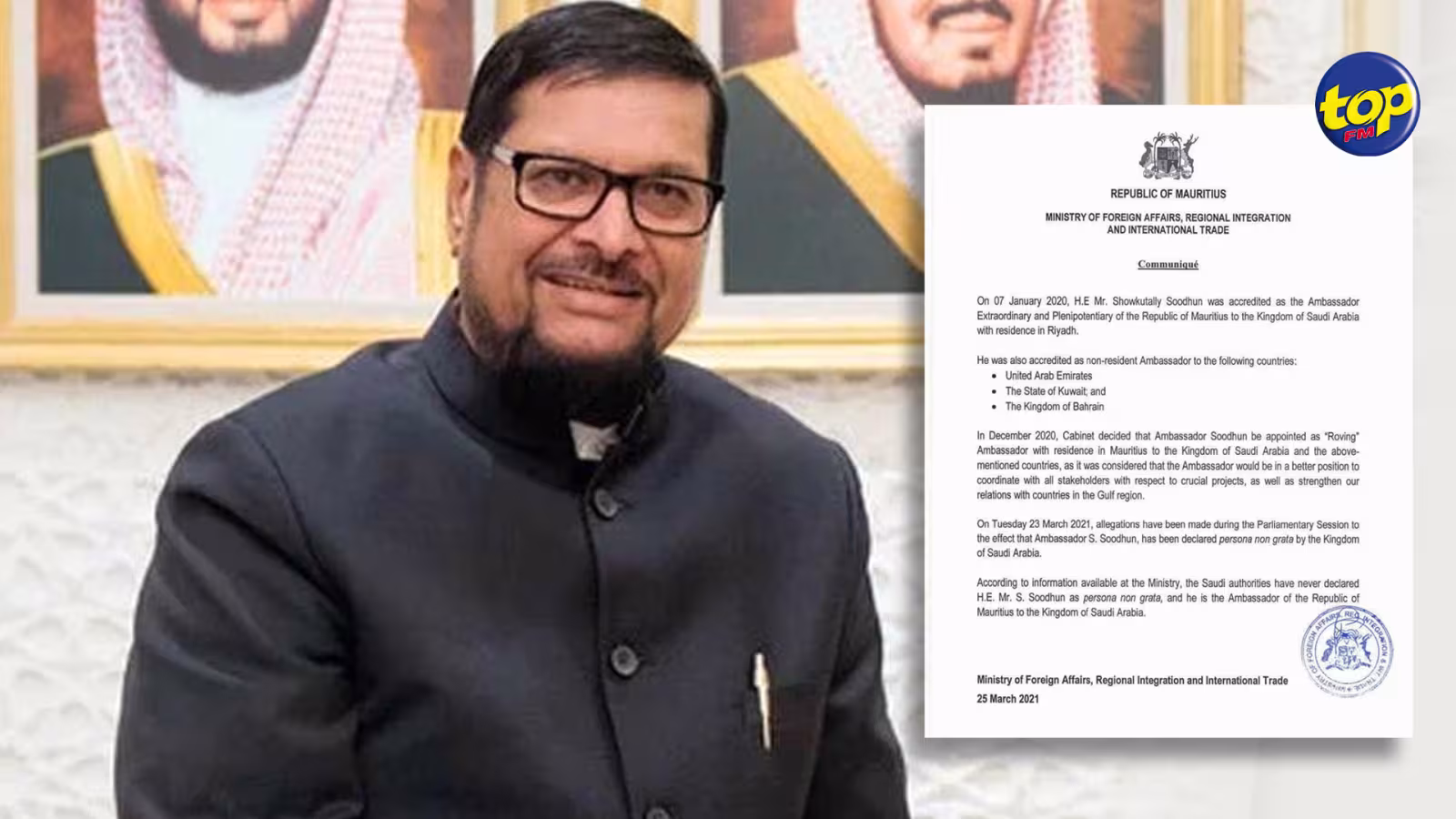 Diplomatie : Showkutally Soodhun est bel et bien l’ambassadeur accrédité de Maurice en Arabie saoudite