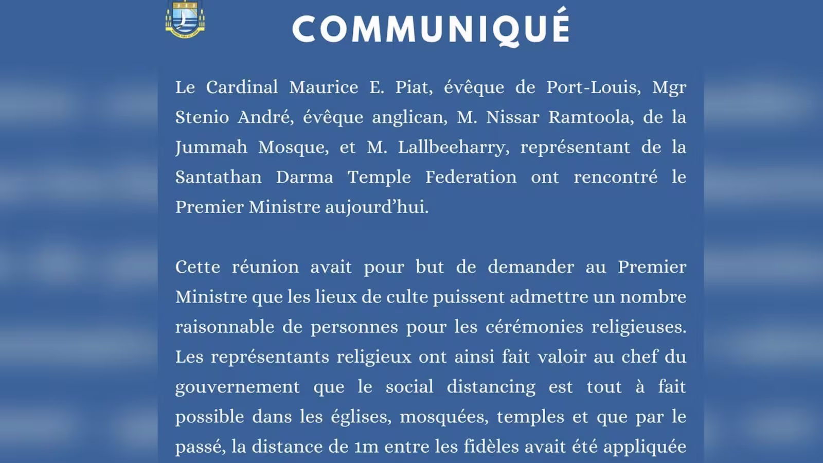 10 personnes dans les lieux de culte : « Cette mesure sera maintenue jusqu’à nouvel ordre », affirme Pravind Jugnauth lors d’une réunion avec les chefs religieux ce jeudi