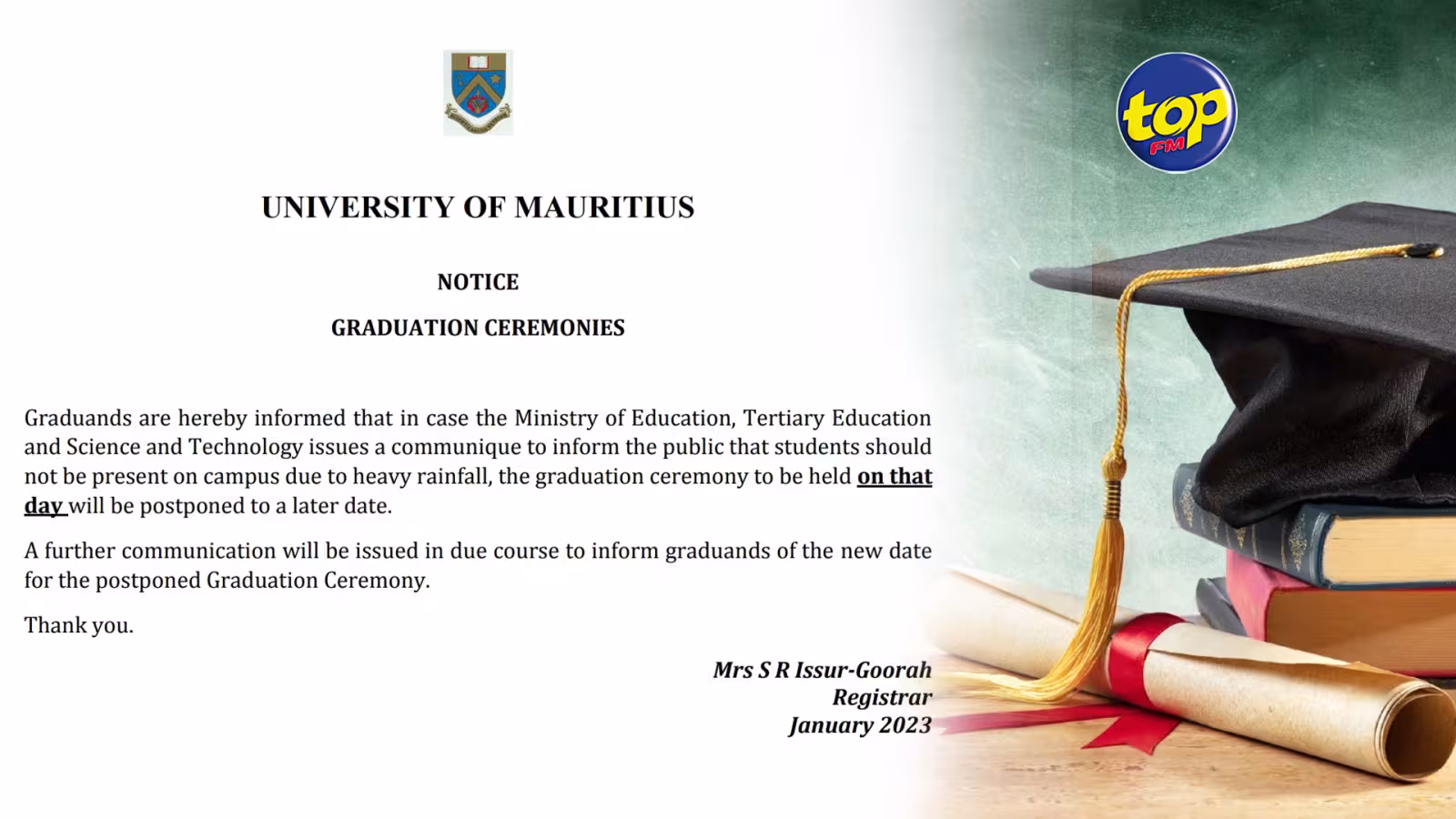 En raison des averses : La Graduation ceremony de l’UOM renvoyée