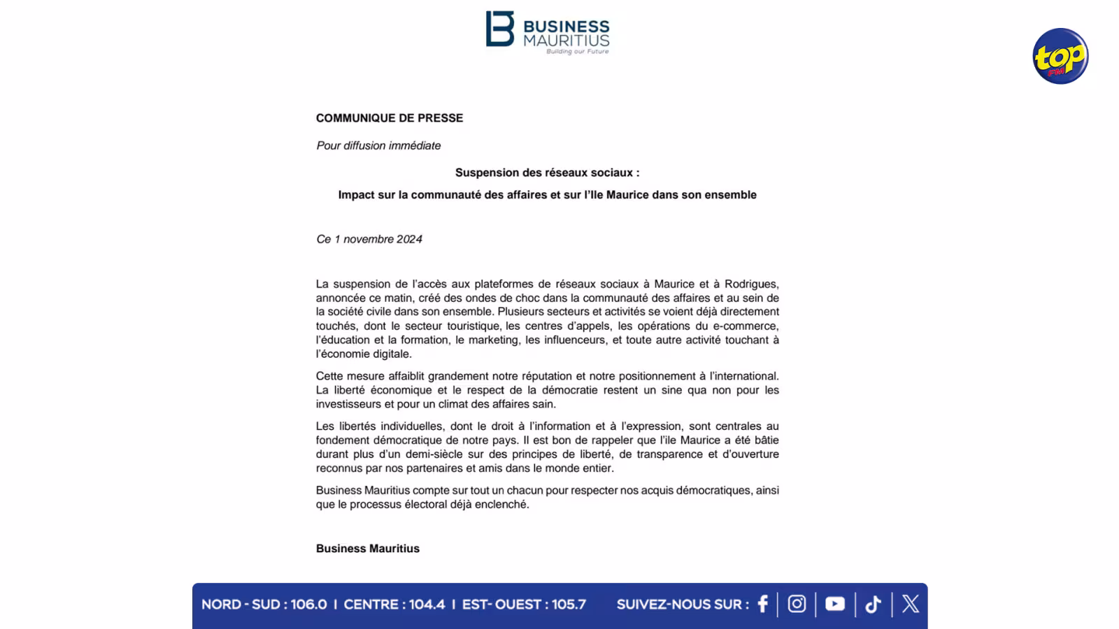 Suspension de l’accès aux réseaux sociaux : Cette mesure affaiblit grandement notre réputation et notre positionnement à l’international, indique Business Mauritius dans un communiqué