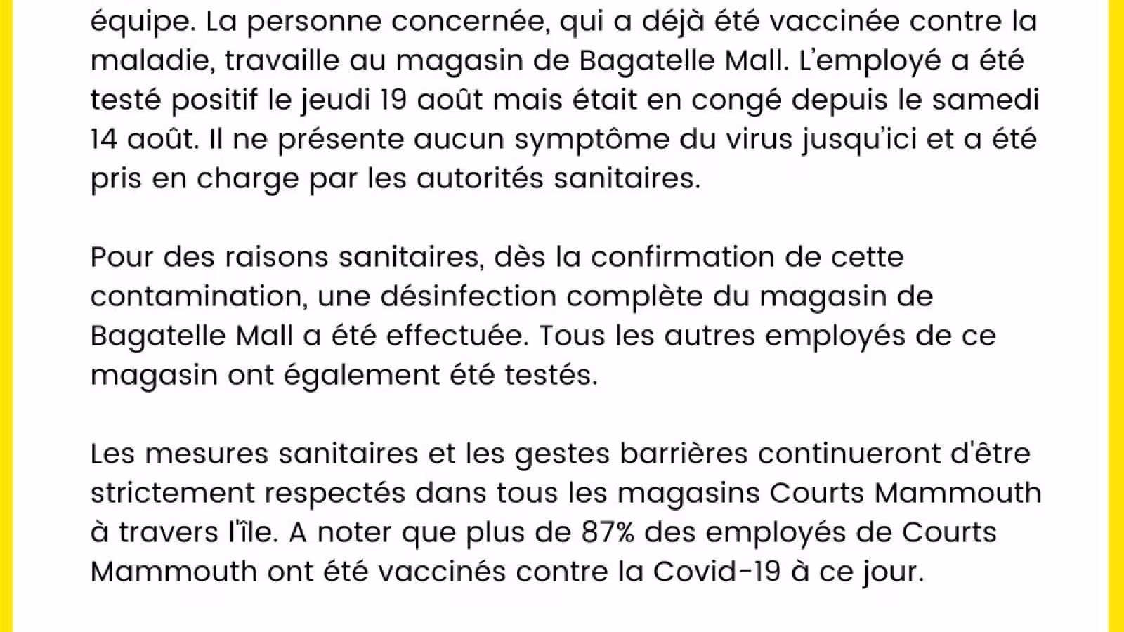Covid 19 : Un employé de Courts Bagatelle positif