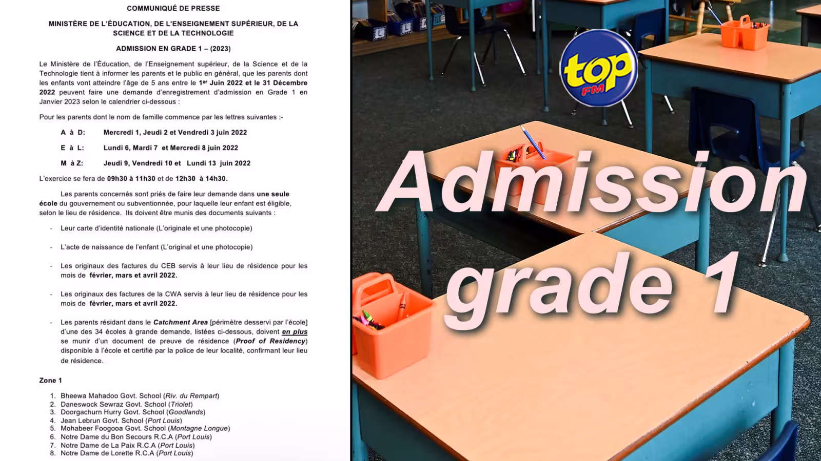 Éducation : L’exercice d’admission en grade 1 débute le 1er juin