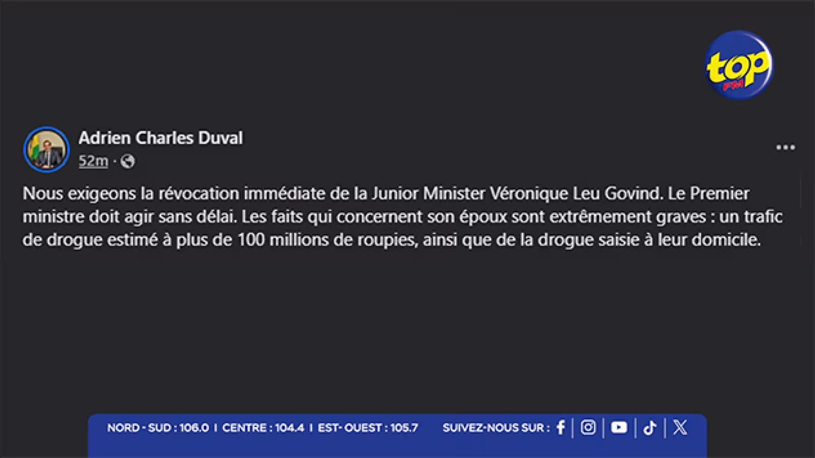 Arrestation de l’époux de la Junior Minister : Adrien Duval réclame la révocation immédiate de Véronique Leu Govind