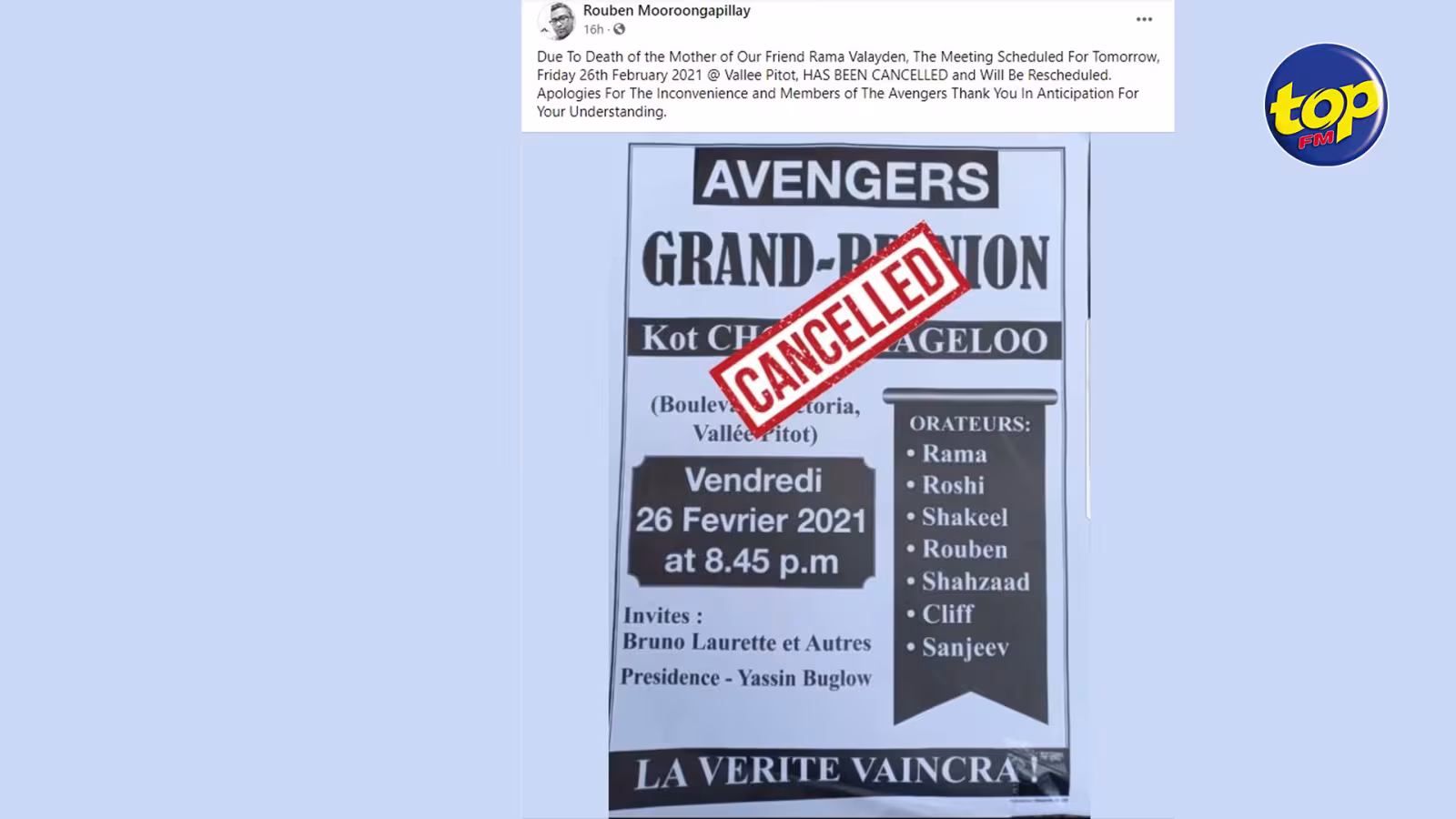 Le meeting des Avengers prévu à Vallée Pitot ce vendredi soir annulé