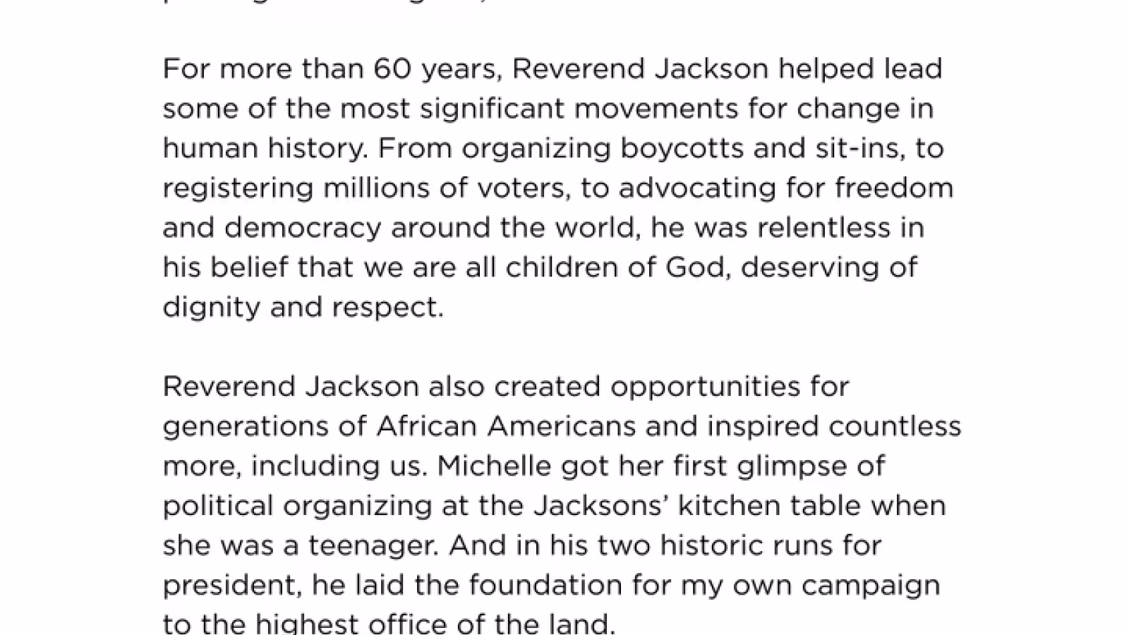 Barack et Michelle Obama rendent hommage au révérend Jesse Jackson