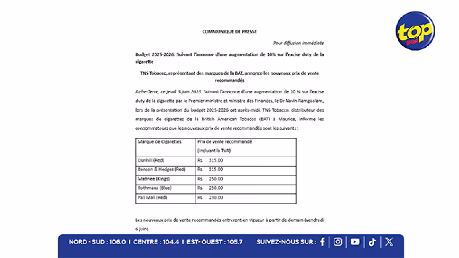Budget 2025-2026 : TNS Tobacco annonce la hausse des prix suite à l’augmentation de 10 % de la taxe sur les cigarettes