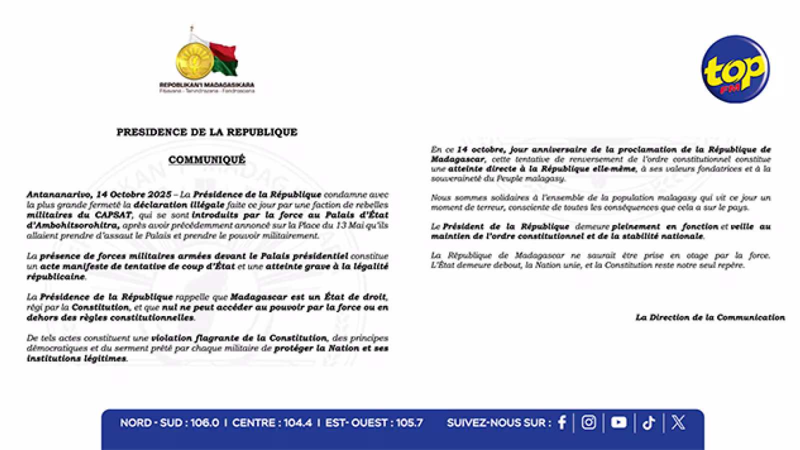 Tentative de coup d’État à Madagascar : le Palais d’État pris pour cible par des militaires rebelles