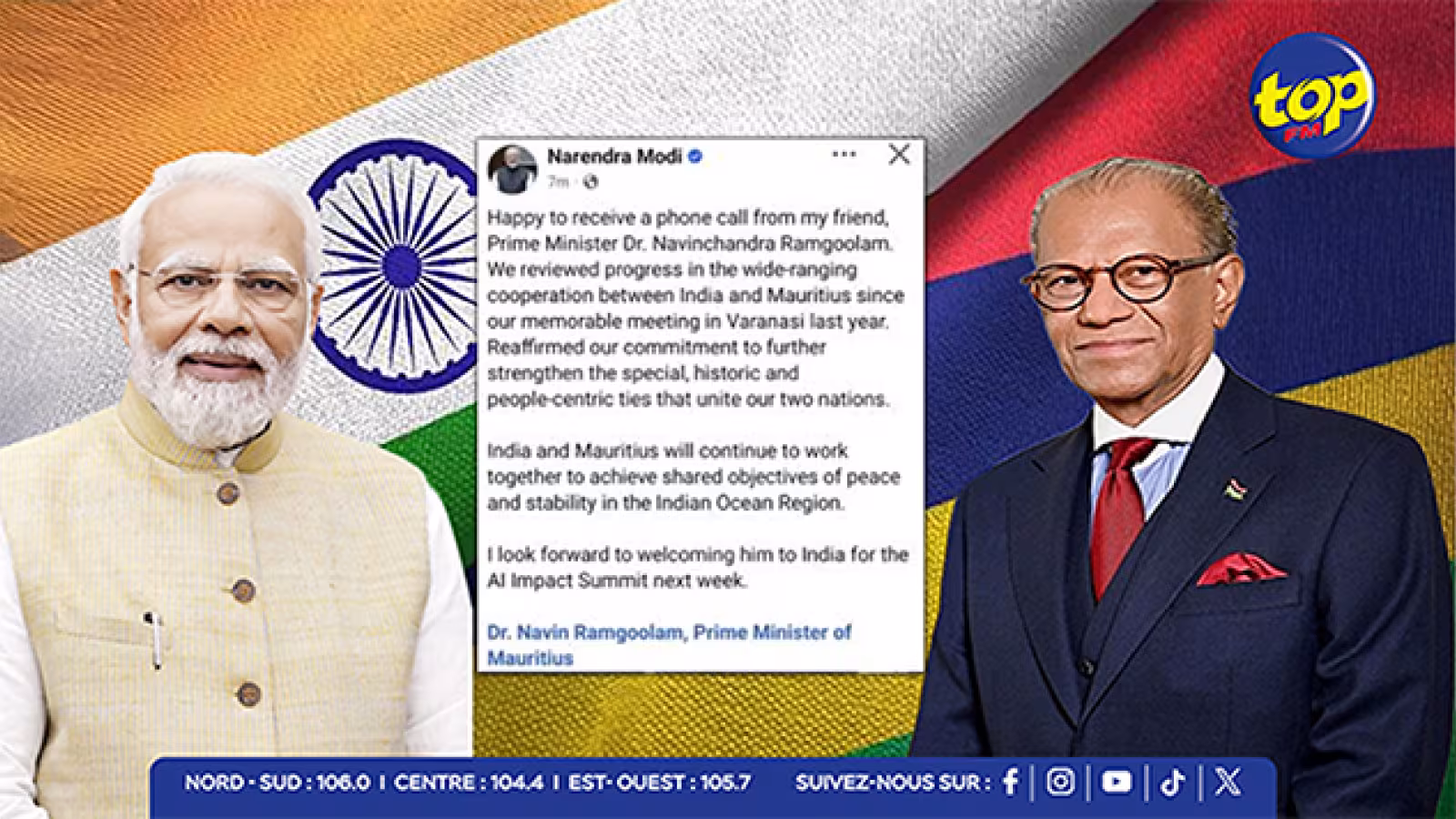 AI Impact Summit : Narendra Modi invite Navin Ramgoolam à New Delhi lors d’un échange stratégique Inde–Maurice