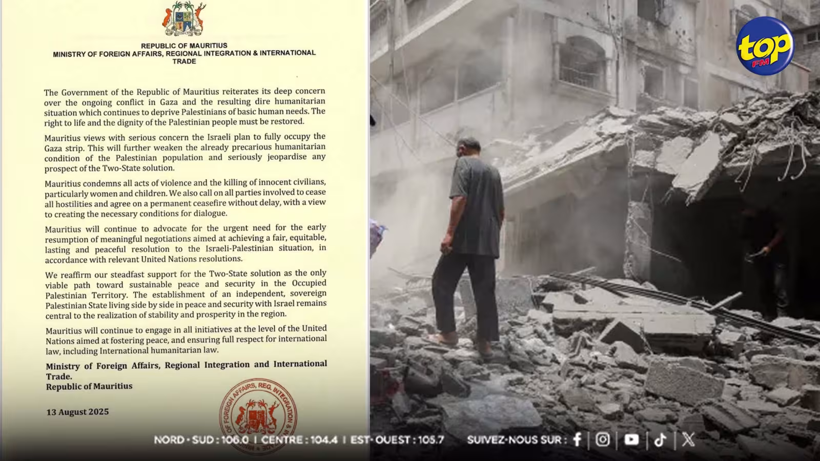 Gaza : Maurice réaffirme sa solidarité envers le peuple palestinien 