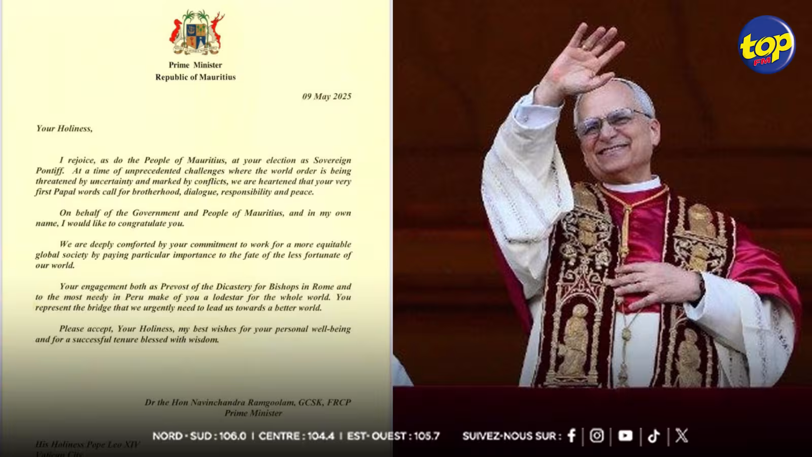 Maurice félicite le Pape Léon XIV : Un message de fraternité et d’espoir face aux incertitudes mondiales