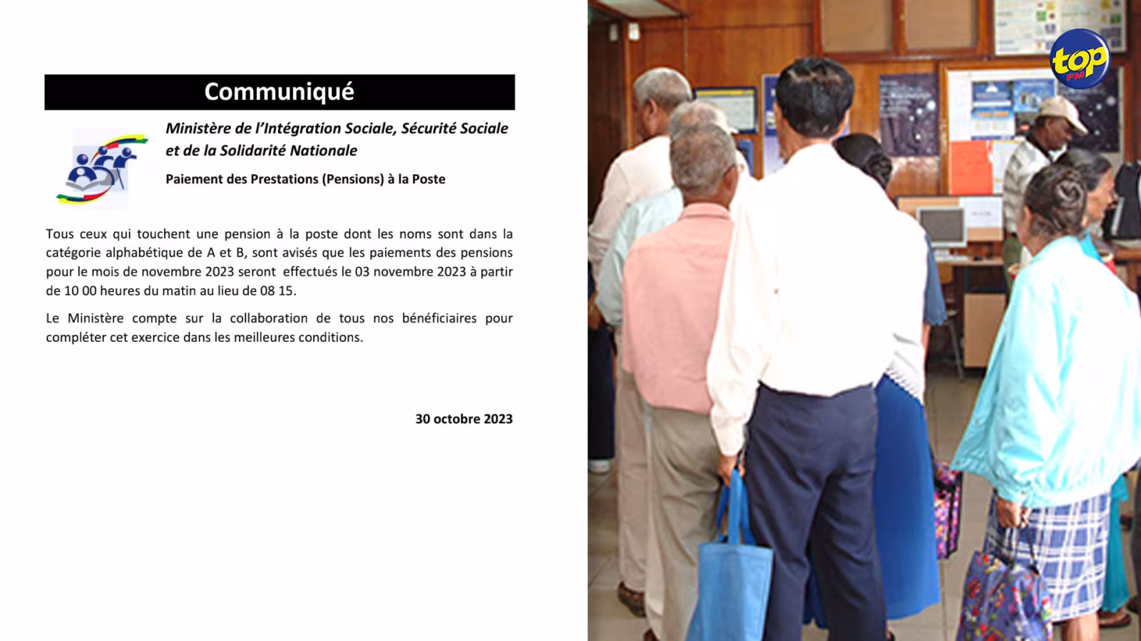 À travers la poste : Paiement des pensions aux bénéficiaires dont les noms commencent par les lettres A et B le vendredi 3 novembre à partir de 10 heures