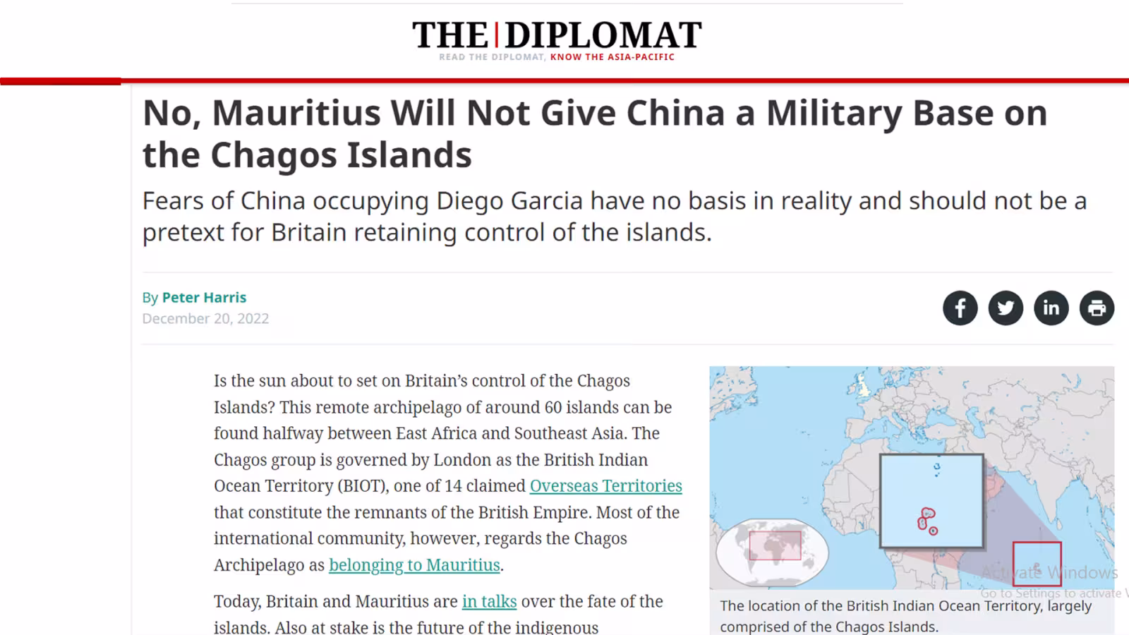 Dans un essai publié par The Diplomat : « Maurice ne donnera pas une base militaire à la Chine sur les Chagos », affirme Peter Harris, professeur associé de sciences politiques à la Colorado State University