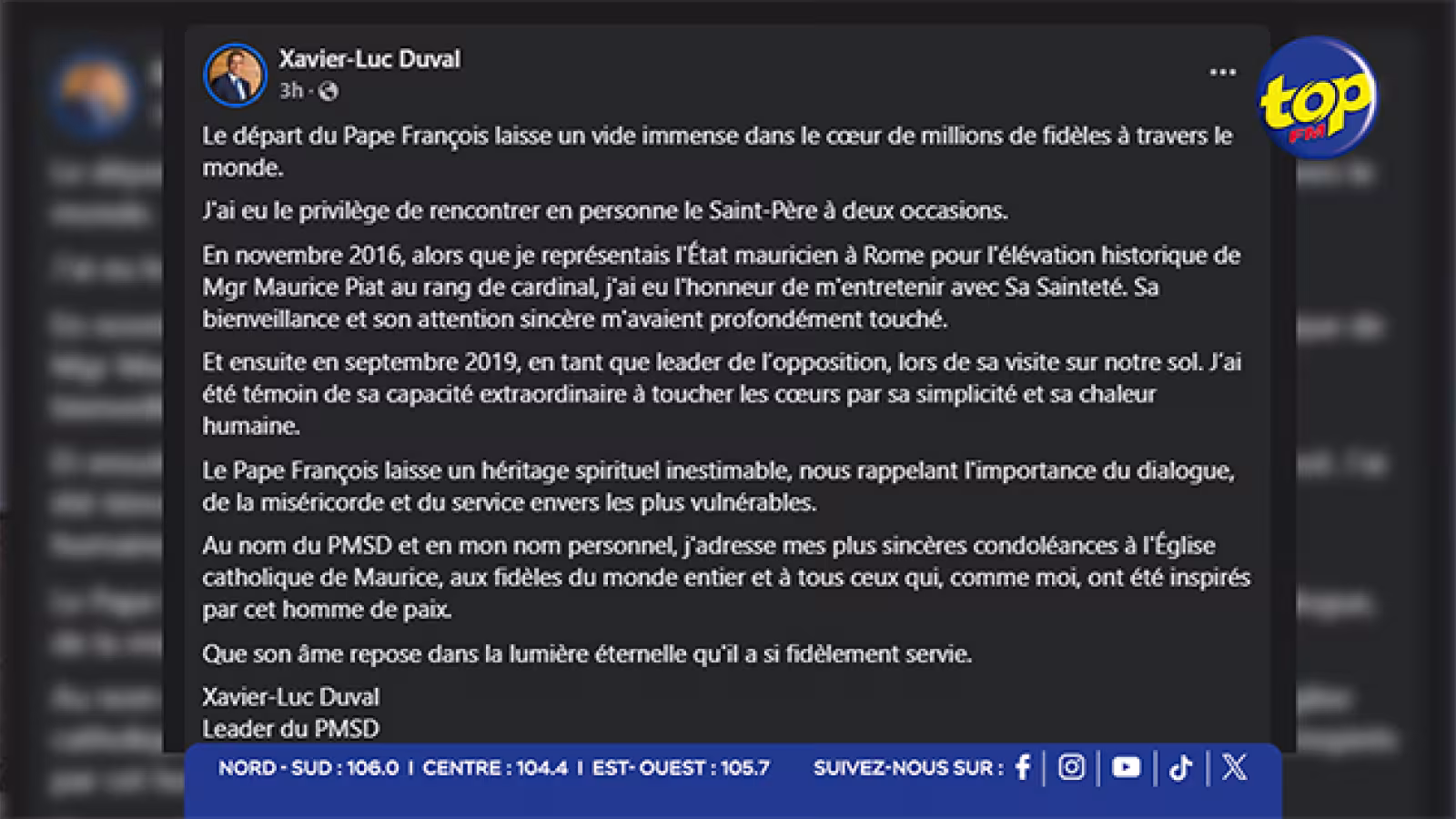 Décès du Pape François : Xavier-Luc Duval salue un « homme de paix »