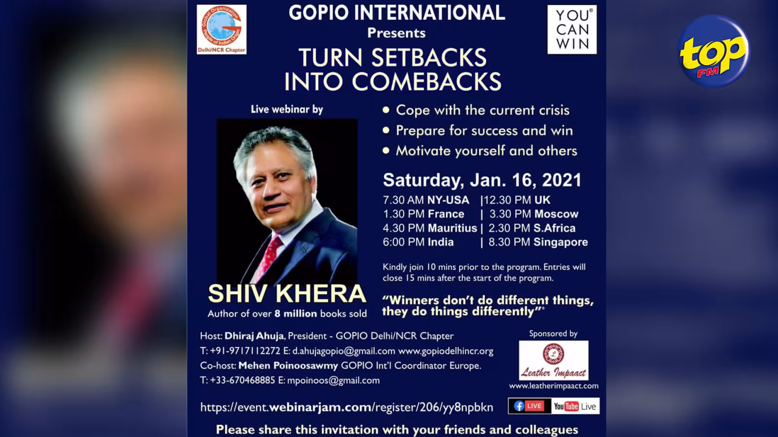 “2021 A year of great challenges”….A ne pas rater sur TOP FM et TOP TV  MAURITIUS le 16 janvier prochain notre WEBINAR avec Shiv Khera.