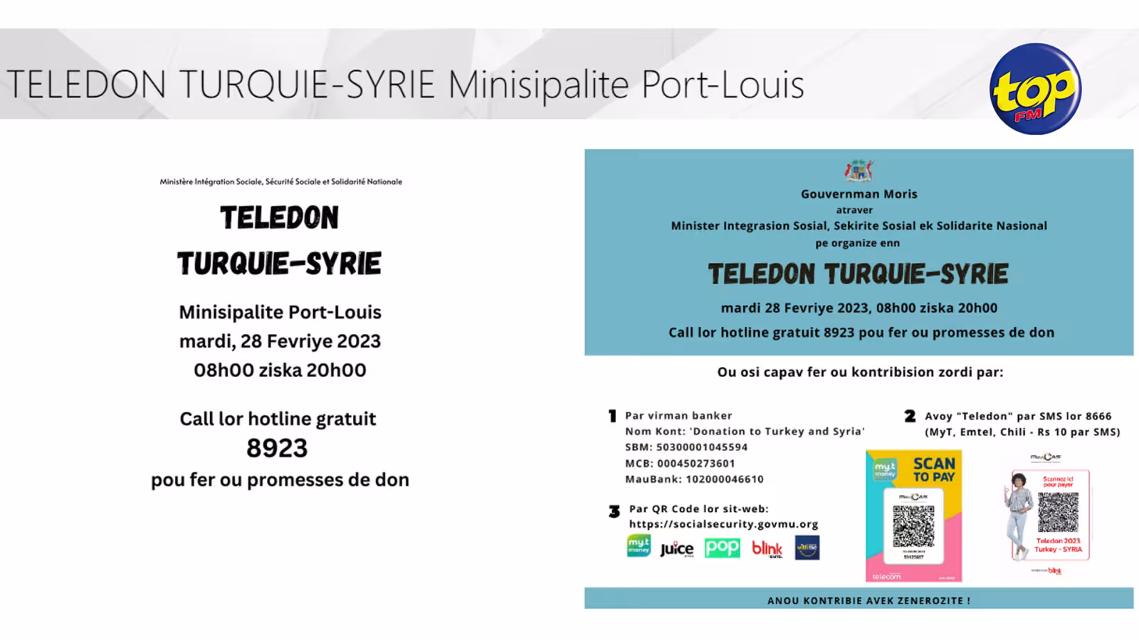 Séisme en Turquie et en Syrie ayant fait plus de 50 000 morts : Un Teledon organisé à la mairie de Port-Louis ce mardi