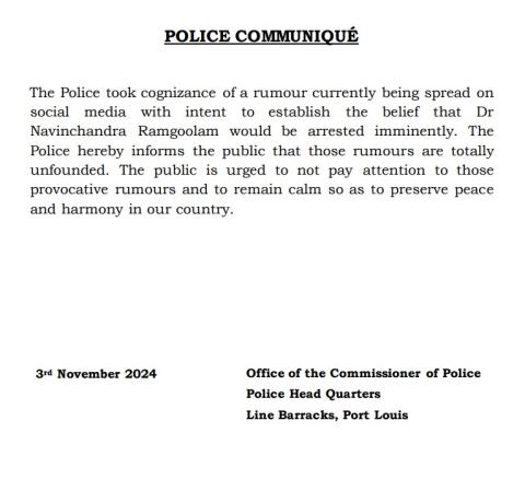 La police dément les rumeurs sur une arrestation imminente du Dr Navinchandra Ramgoolam