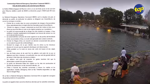 Communiqué émis par le NEOC après l’avis de fortes pluies et de vents forts émis par la Station metéo: Evitez les zones présentant des dangers d’accumulation d’eau,surtout sur le trajet à partir de  Henrietta à Grand-Bassin
