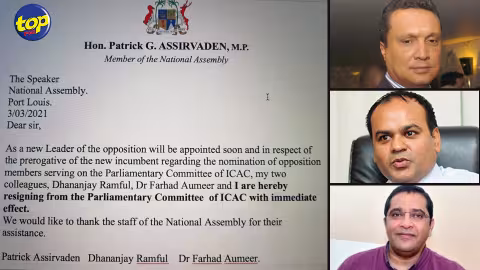 Conséquences de la démission du Dr Arvin Boolell en tant que leader de l’opposition : les députés rouges Patrick Assirvaden, Ramful et Aumeer soumettent leur démission du Comité parlementaire de l’ICAC