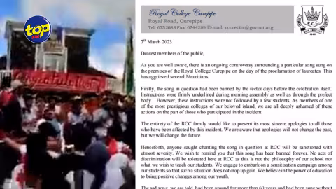 Controverse autour d’une chanson au collège Royal de Curepipe : « Le recteur avait interdit cette chanson et des instructions avaient été données durant l’assemblée pour qu’elle ne soit pas utilisée », précise la direction du collège