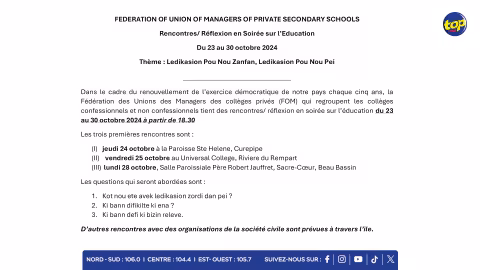 Collèges privés : La Fédération des Unions des Managers organise des débats sur l’éducation à travers l'île, du 23 au 30 octobre 2024