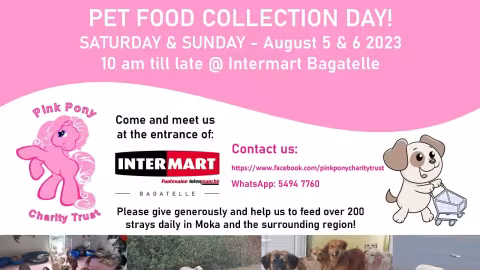 Pour continuer à nourrir les chiens de l’association Pink Pony Charity Trust : Une collecte de nourriture pour animal organisée ce week-end à Intermart, Bagatelle