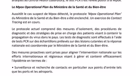 Premier cas de Mpox à Maurice : Un Nigérian de 49 ans testé positif