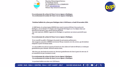 Météo : Le cyclone Bheki se rapproche des Mascareignes tout en perdant de son intensité…Un avertissement de cyclone de classe 1 reste en vigueur à Rodrigues