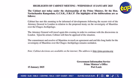 Conseil des ministres spécial accord Chagos : l'Attorney General de retour à Londres ce soir pour continuer les discussions