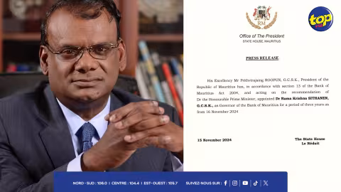 Nomination : Rama Krishna Sithanen est le nouveau Gouverneur de la Banque de Maurice pour un mandat de trois ans