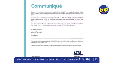 Secteur financier : IBL finalise une cession importante d’actions dans AfrAsia Bank