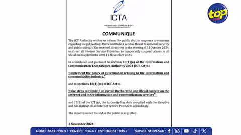 ICTA : Suspension temporaire de l’accès aux réseaux sociaux jusqu'au 11 novembre