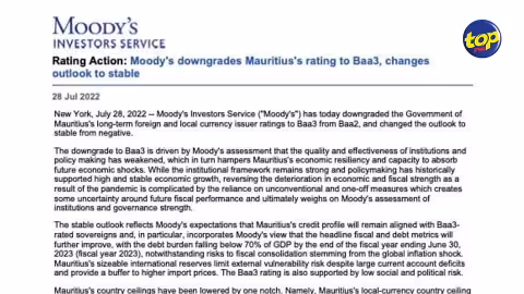 Moody’s baisse la note de Maurice de Baa2 à Baa3